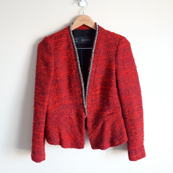 ZARA / L / Women's Tweed Studded Beaded Neckline Peplum Open Blazer Jacket 🌙 - Picture 2 of 11